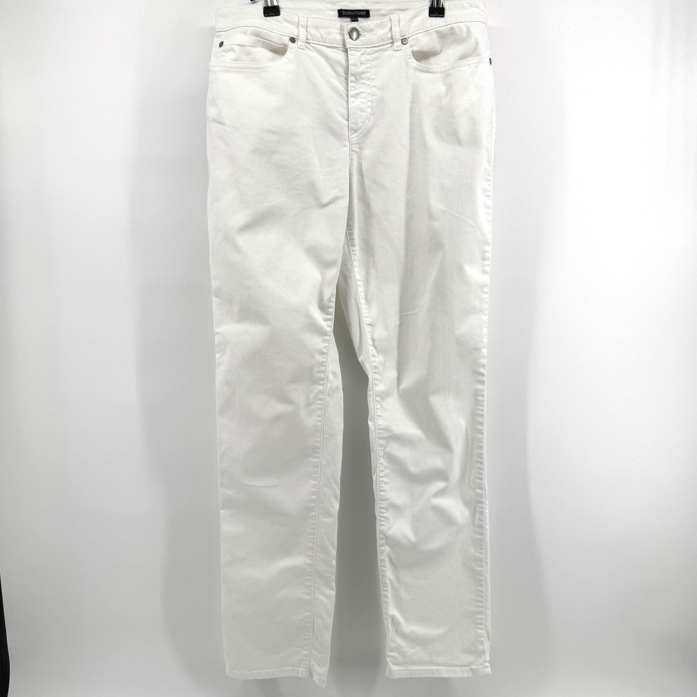 Eileen Fisher Straight Leg Jeans Women 12 White Stretch Minimal Coastal Cottage